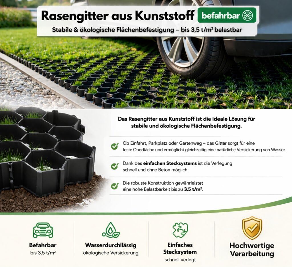 4 x Geogitter Rasengitter Kunststoff Befahrbar 50 x 50 x 4 cm - Rasenschutzgitter Ohne Unterbau - Ki