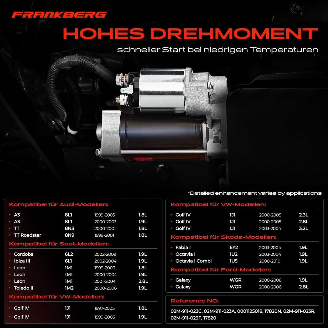 Frankberg Anlasser Starter Kompatibel mit A3 1999-2003 Ibiza 2002-2004 Leon 1999-2006 Fabia 2003-200