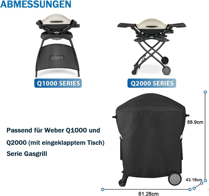 7113 Grillabdeckung für Weber Q100/Q200 Serie mit tragbarem Wagen, 81x43x89CM Grill Abdeckung Ersatz