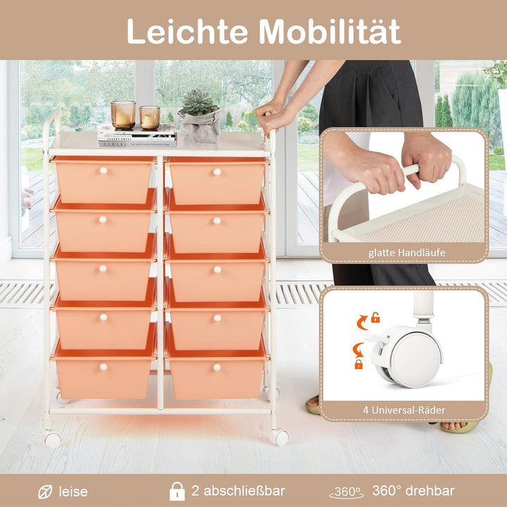 GOPLUS Rollwagen mit 10 Schubladen stapelbar, Schubladenwagen Rollcontainer mit Ablage & Metallgeste