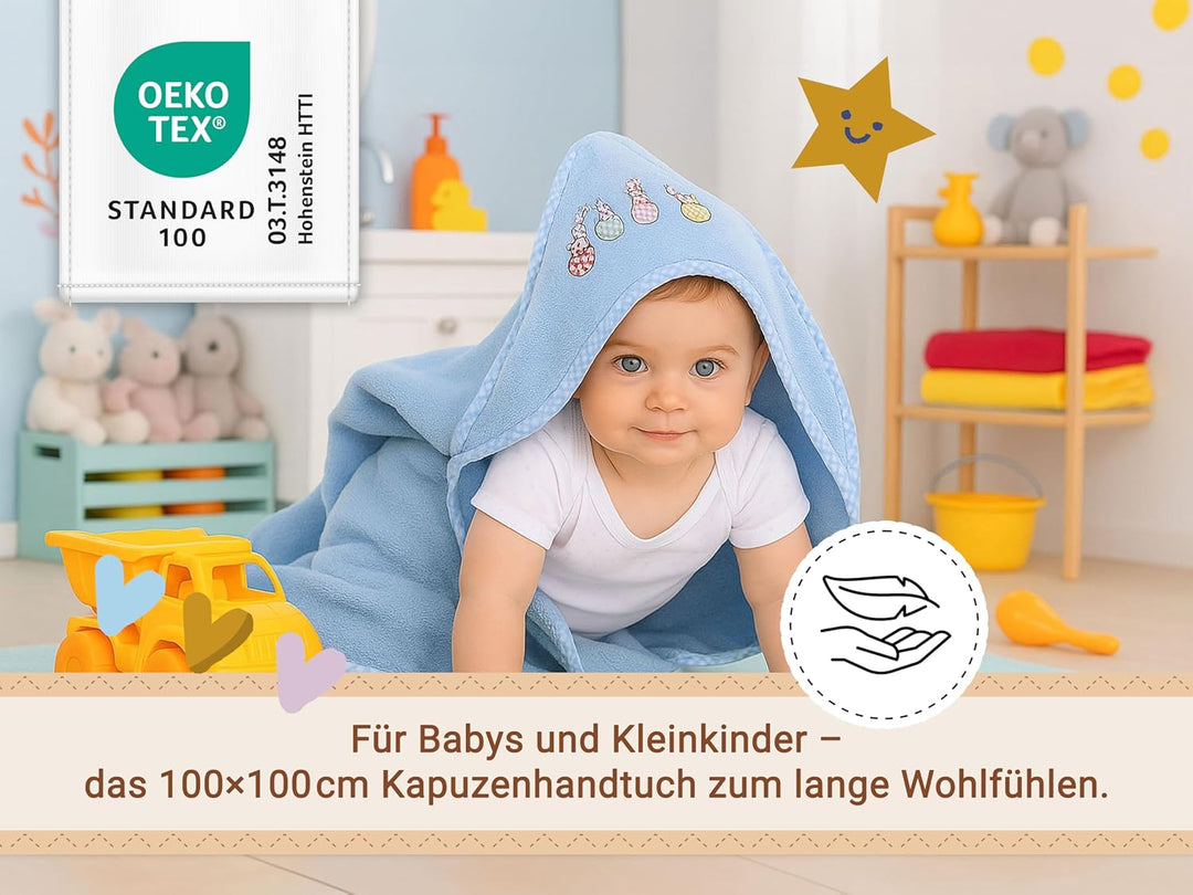 ZOLLNER Baby Kapuzenbadetuch, Kapuzenhandtuch, 100x100 cm, Baumwolle, blau Hellblau, Hellblau