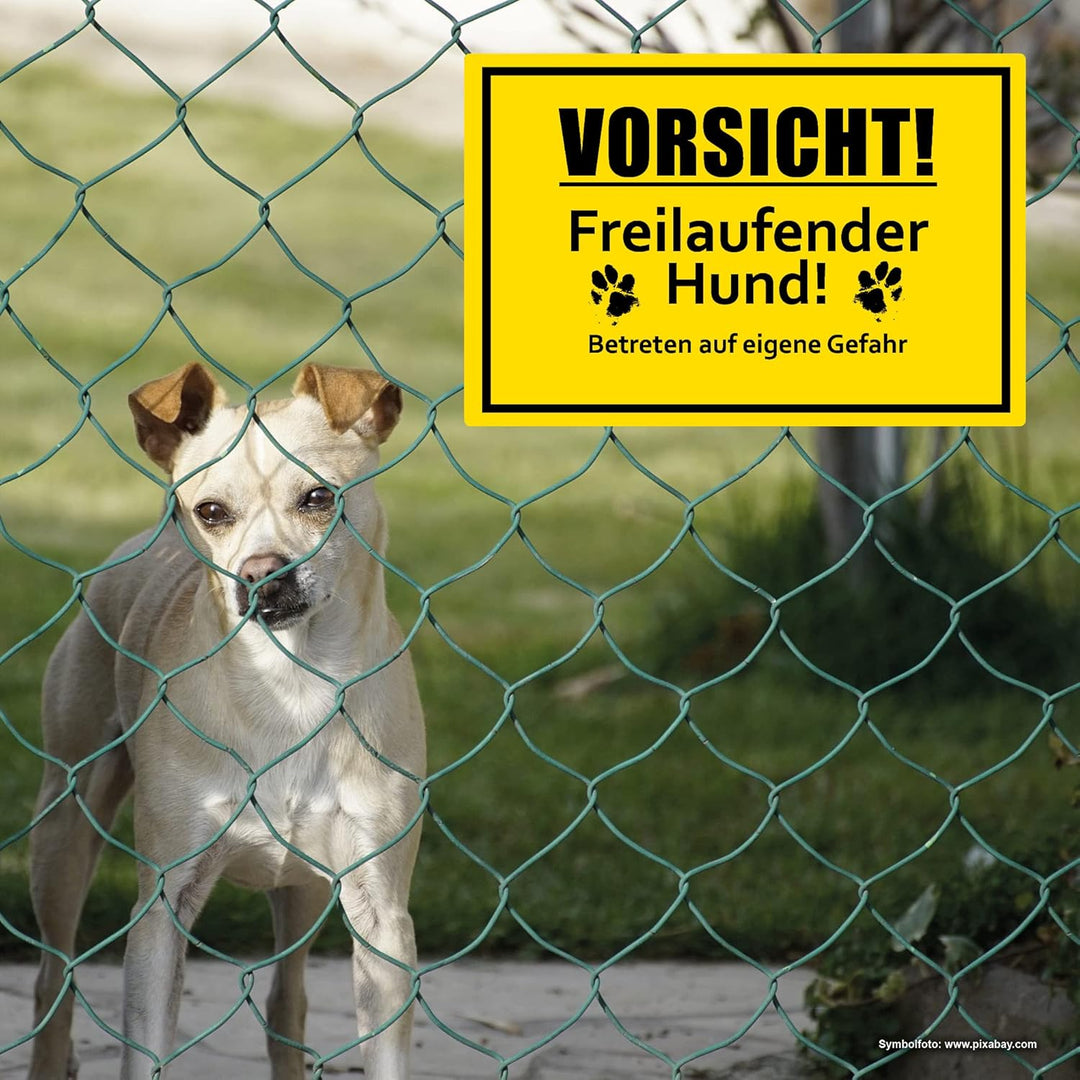 5 Stück Vorsicht! freilaufender Hund Schild 20 x 30 cm aus stabiler PVC Hartschaumplatte 3mm Achtung