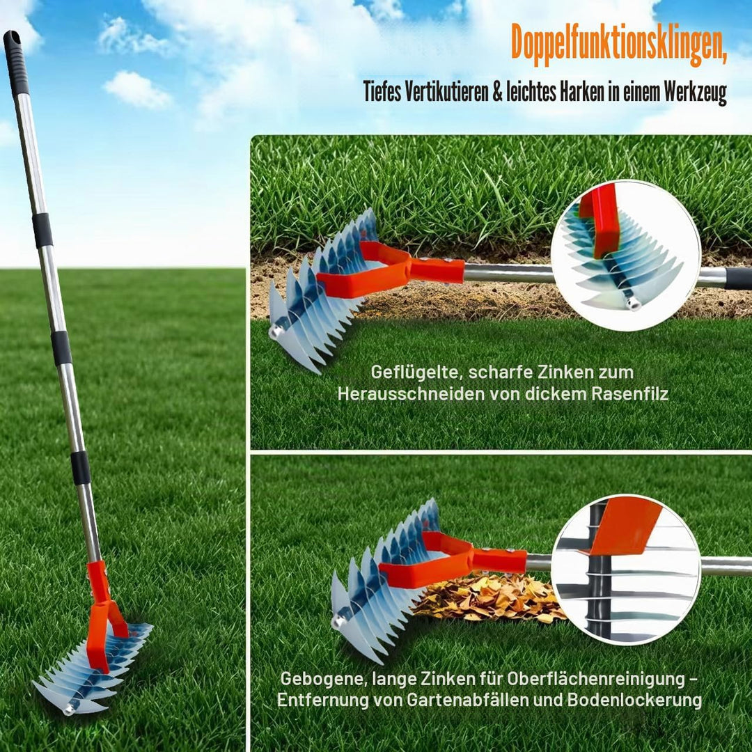 Handvertikutierer mit Gartenabfallsack, Vertikutierrechen mit Stiel 163cm, Vertikutierer Rechen Hand
