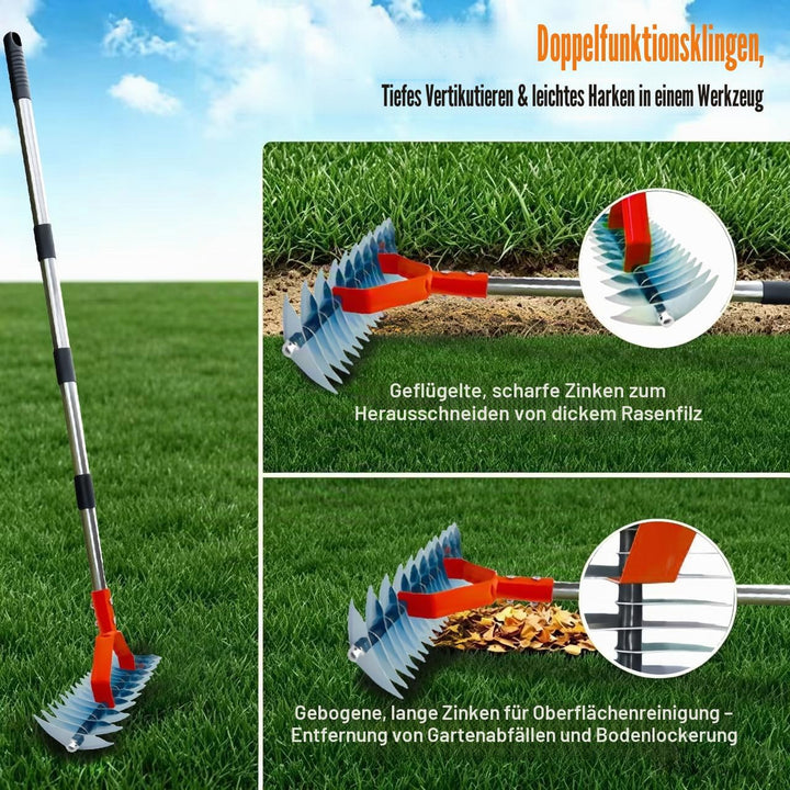 Handvertikutierer mit Gartenabfallsack, Vertikutierrechen mit Stiel 163cm, Vertikutierer Rechen Hand