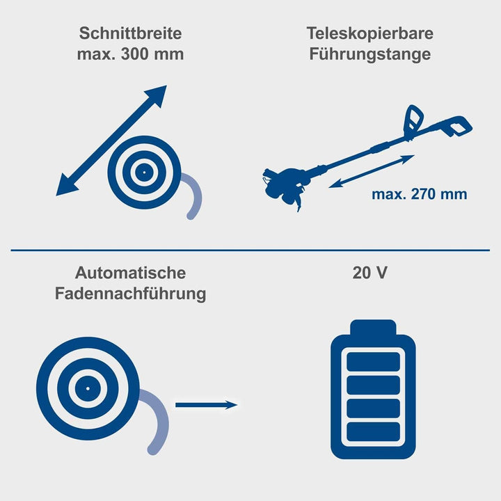 Scheppach Akku Rasentrimmer C-LT300-X | Schnittbreite 300mm | Höhenverstellung bis 270mm | Fadenläng