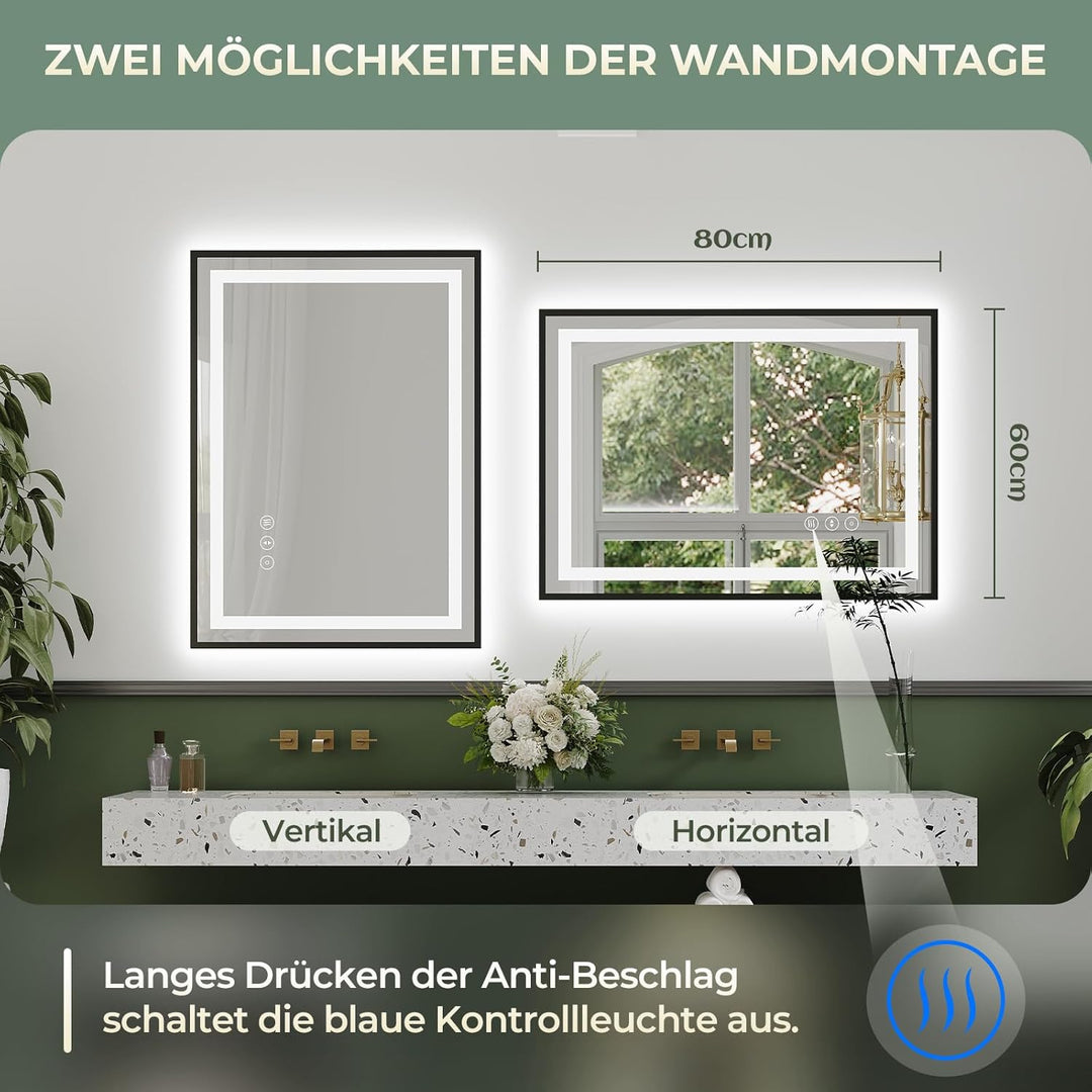 Dripex Badspiegel mit Licht Badezimmerspiegel mit Metallrahmen, Speicherfunktion, Touch-Schalter, Di