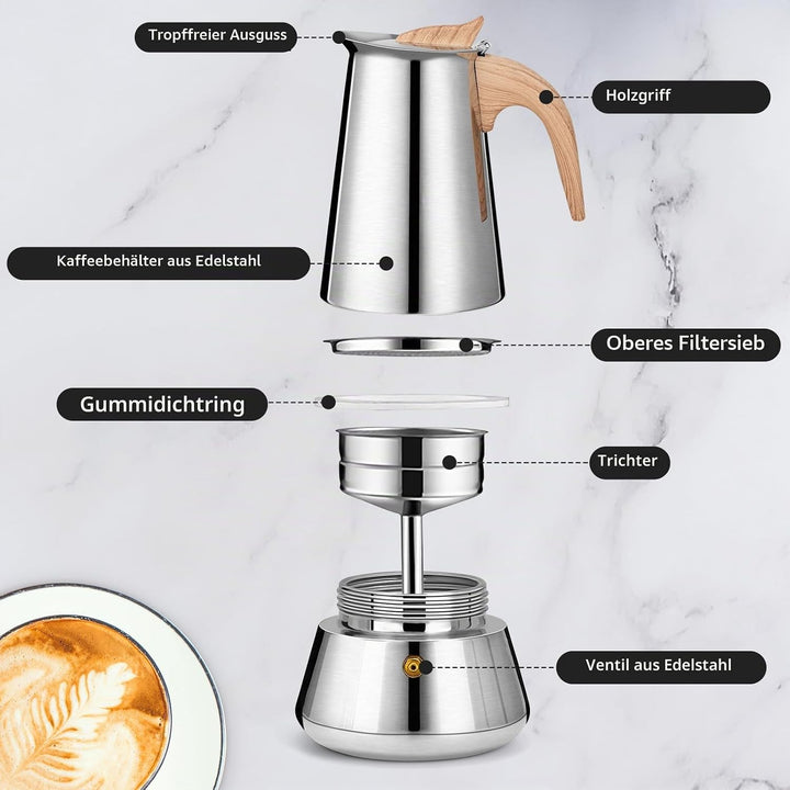 Romon Espressokocher Edelstahl, 6 Tassen 300ml Silber, Mokkakanne Mit Holzgriff, Geeignet Für Glaske