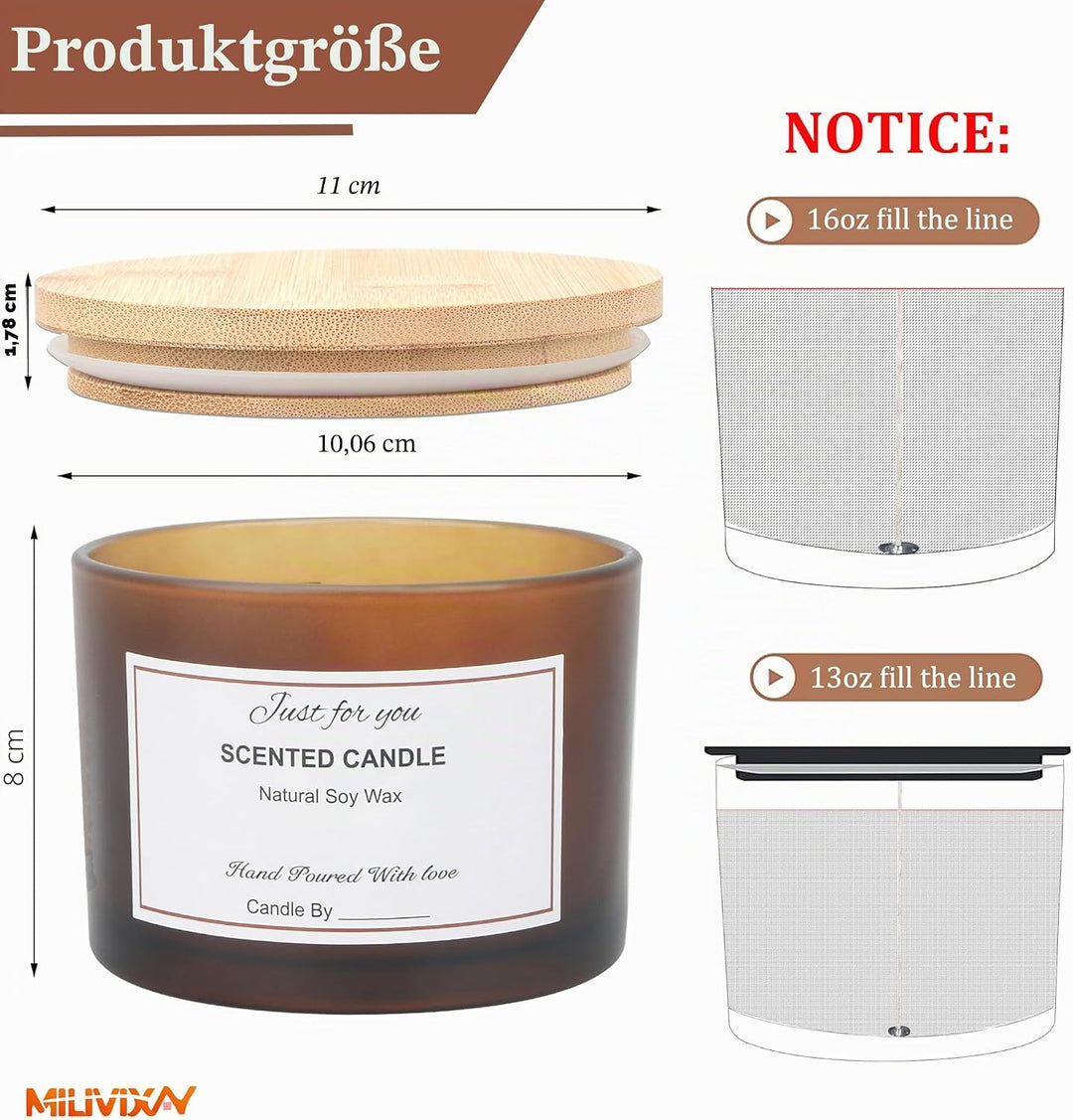 MILIVIXAY 6 x 473 ml Kerzengläser mit Bambusdeckel und Kerzenherstellungs-Kits – 3-Docht-Kerzenglas,