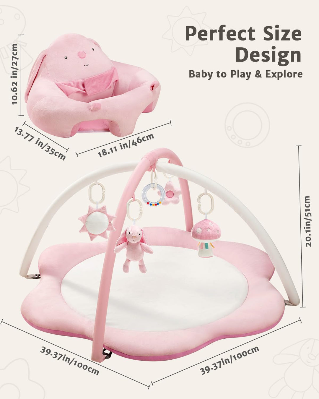 3-in-1 Baby Spielmatte mit Sitzhilfe – Blumenförmige Krabbelmatte &amp; Baby Gym mit 5 Abnehmbaren Spiel