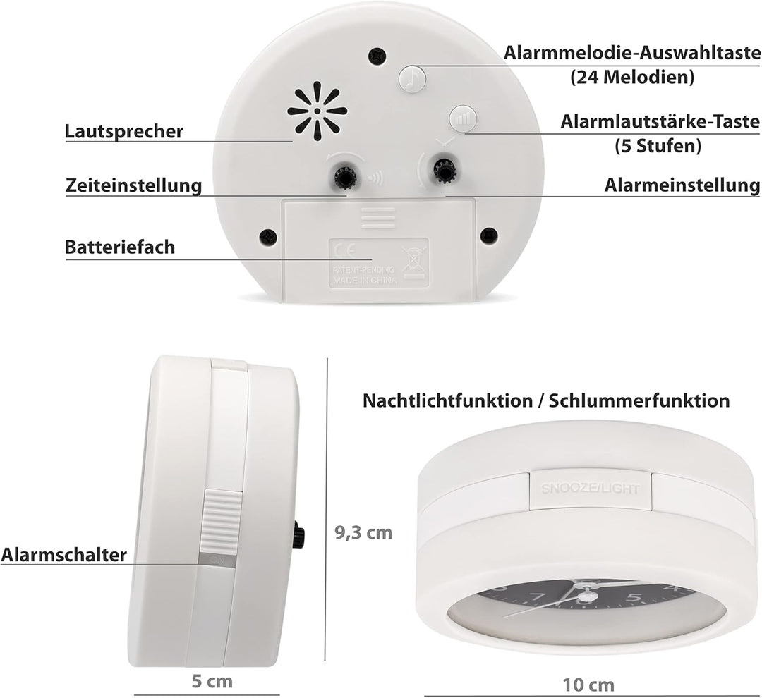 SIMSAM Wecker Analog ohne Ticken mit Batterie, Licht (Weiss-Schwarz), Weiss-schwarz