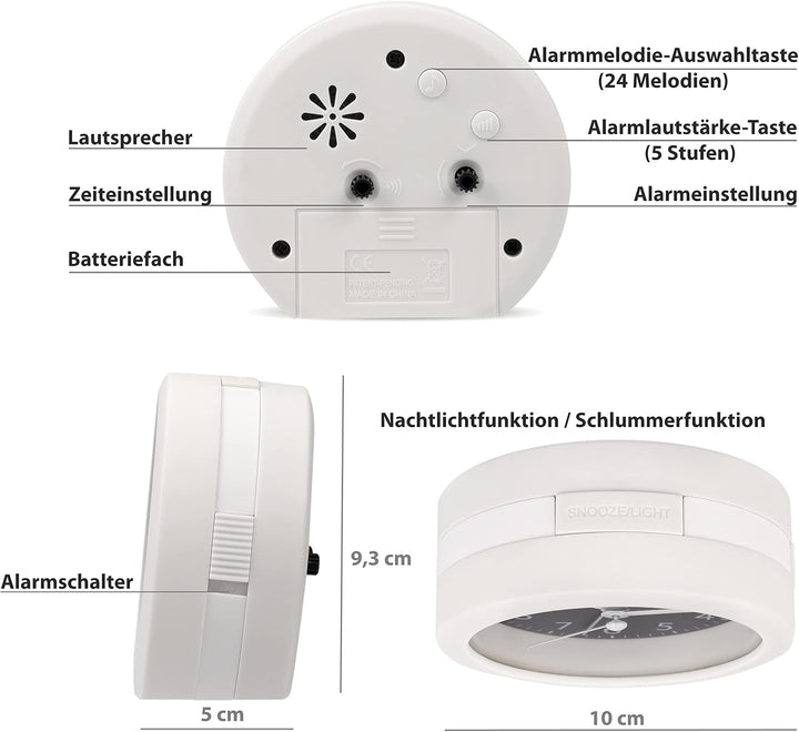 SIMSAM Wecker Analog ohne Ticken mit Batterie, Licht (Weiss-Schwarz), Weiss-schwarz