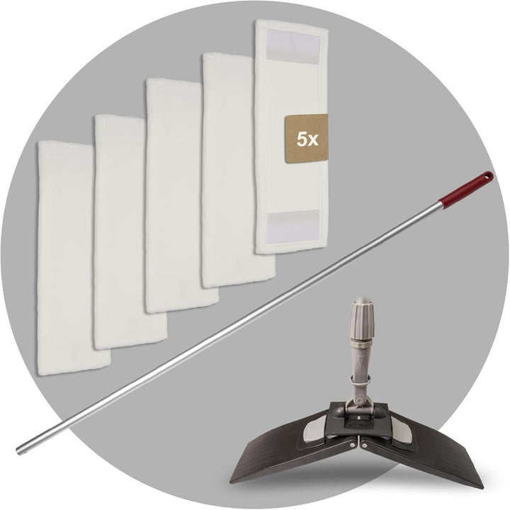 Bodenwischer Set Moppstange Aluminium mit Rändelhandgriff + Klapphalter & 5x Microfasermopp Bezug 50
