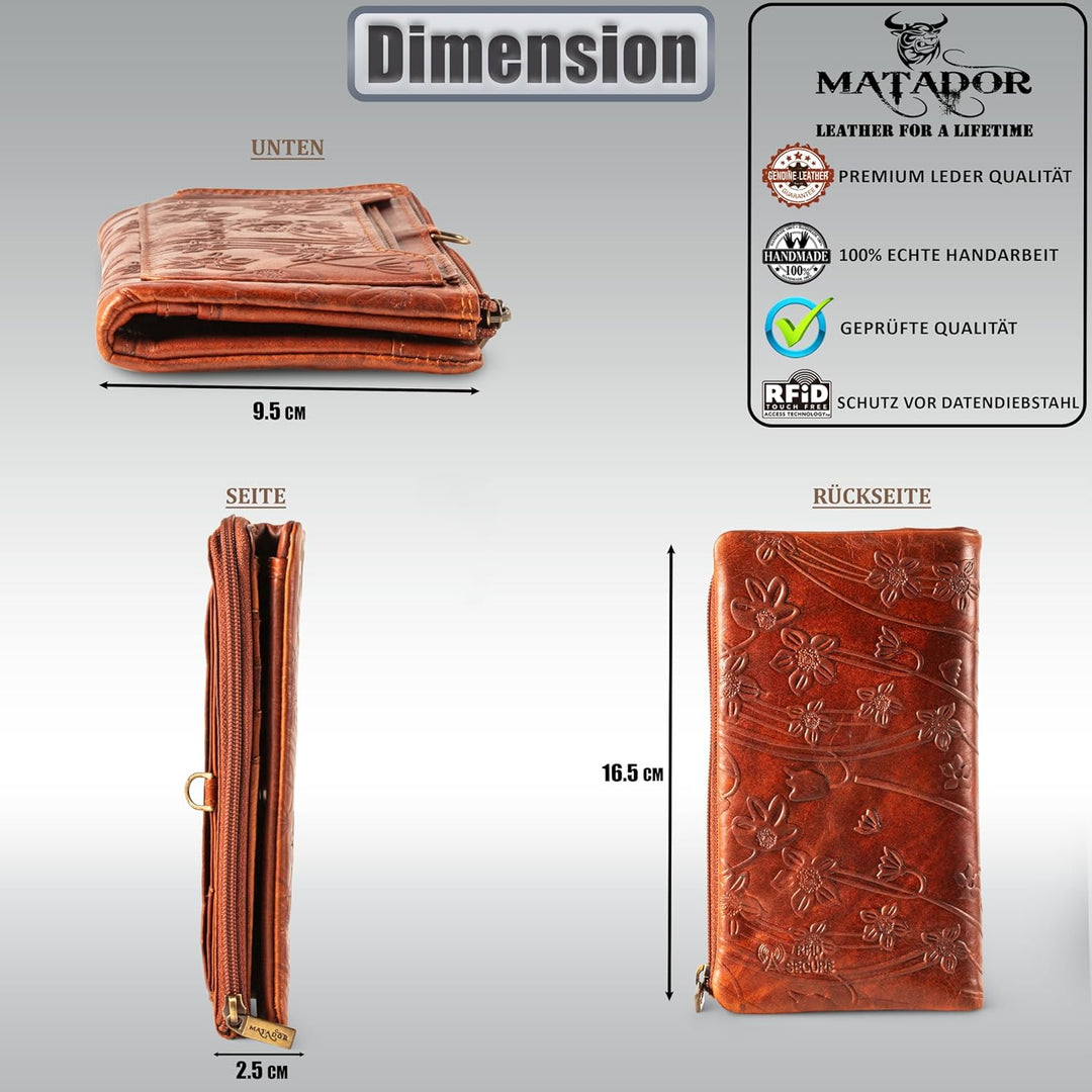 MATADOR Damen Geldbörse Echt Leder Gross 11 Kartenfächer - TÜV geprüfter RFID & NFC Schutz - Handgef