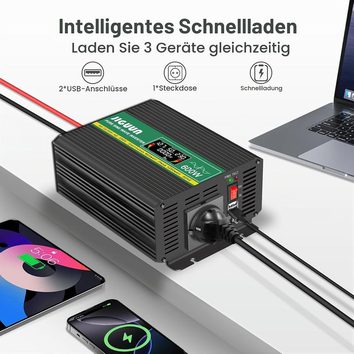 JIGUUN 600W Wechselrichter Reiner Sinus Spannungswandler 12v 230v Inverter Mit EU-Steckdose und 2 US