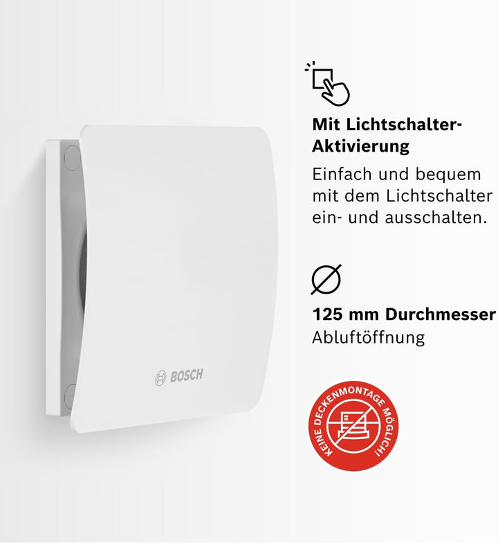 Bosch Badlüfter Fan 1500 125mm Durchmesser, mit Lichtschalter-Aktivierung zur Wandmontage inkl. Schr