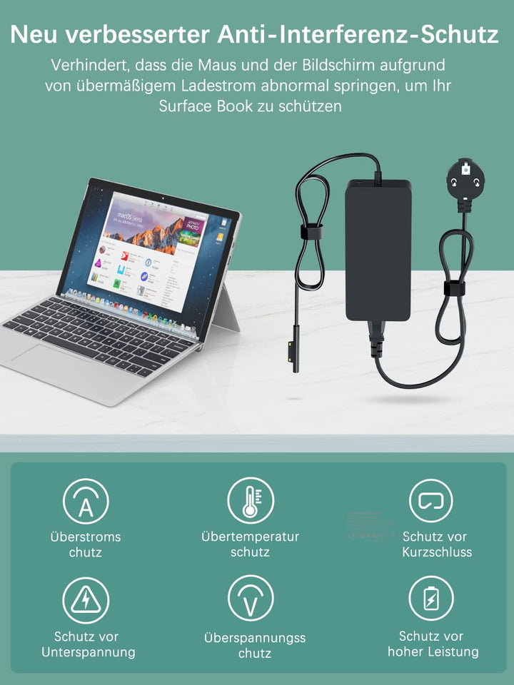 Surface Book 2 Netzteil Ladegerät Surface Ladegerät 102W 15V 6.33A für Microsoft Surface Pro 8/7+/7/