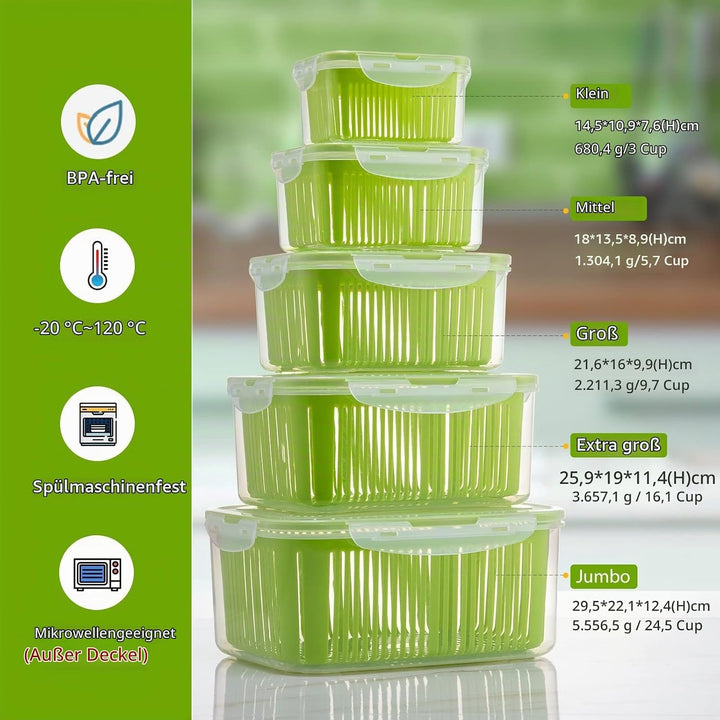 Luxear Frischhaltedosen Obst Gemüse mit Deckel Sieb, Vorratsdosen 5 Set 5,8L+3,8L+2,3L+1,3L+0,7L BPA