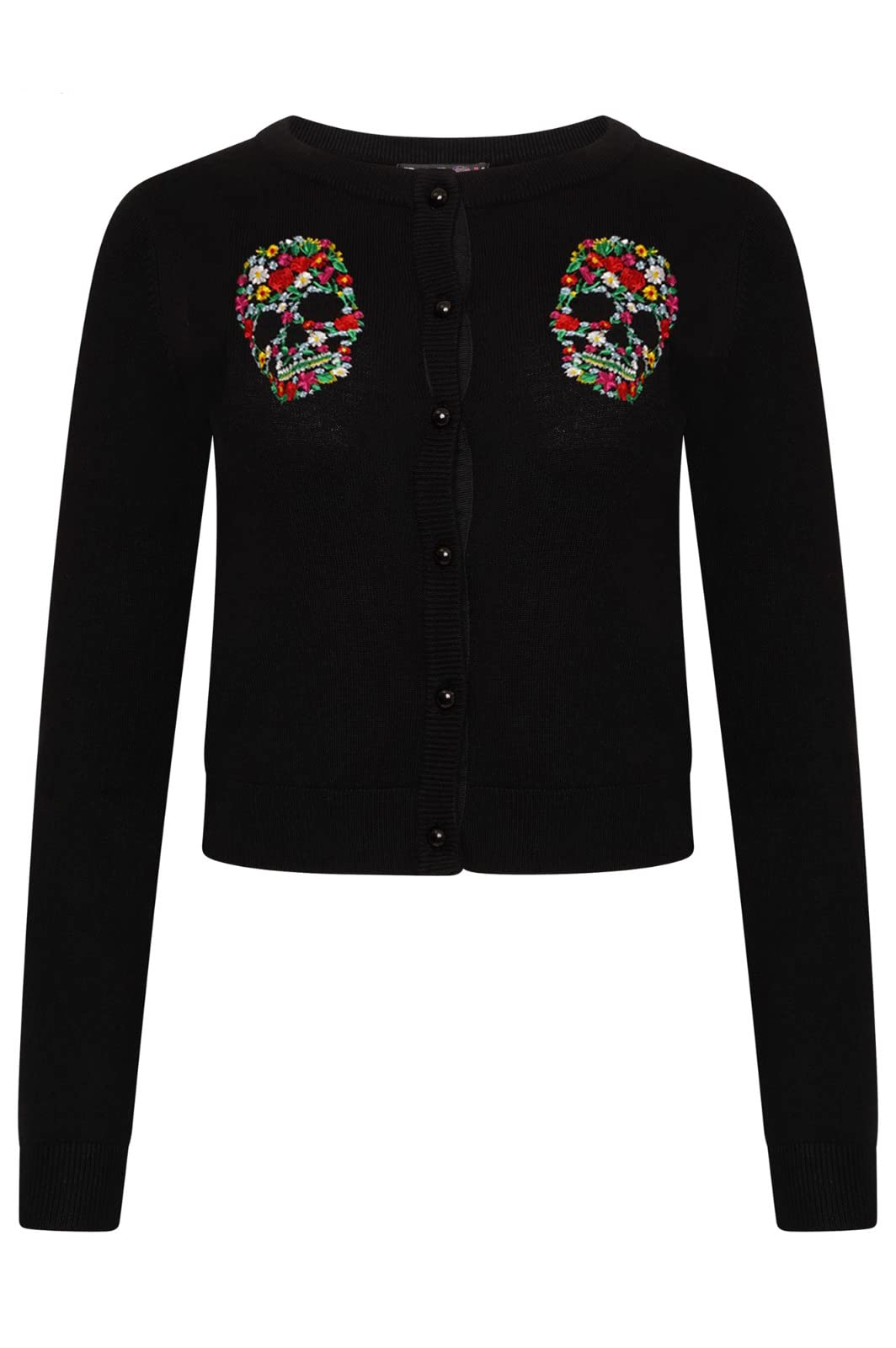 Ro Rox Dee Dee Strickjacke Gotisch Blumen Schädel Stickerei Strick Langarm XS Schwarz, XS Schwarz