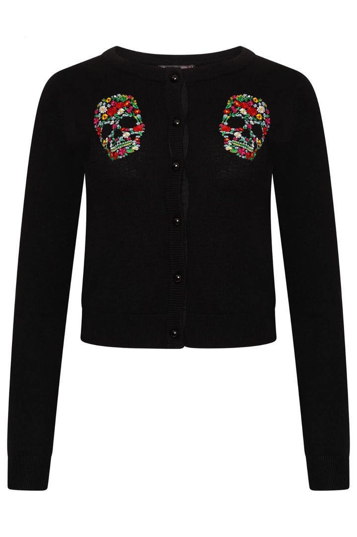 Ro Rox Dee Dee Strickjacke Gotisch Blumen Schädel Stickerei Strick Langarm XS Schwarz, XS Schwarz