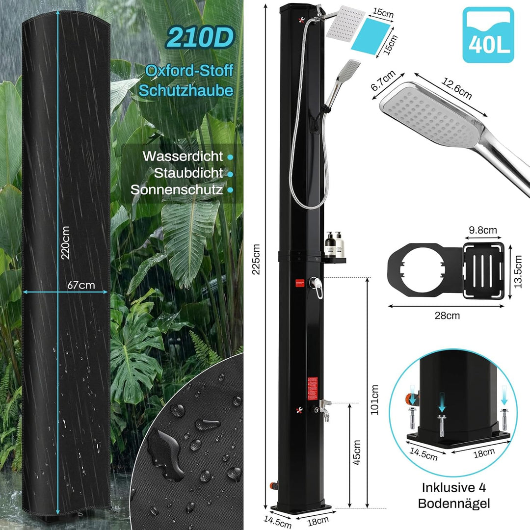 Solardusche, Solar Gartendusche 40 Liter inkl. Handbrause, 360° Duschkopf, Fussdusche, Gartenschlauc