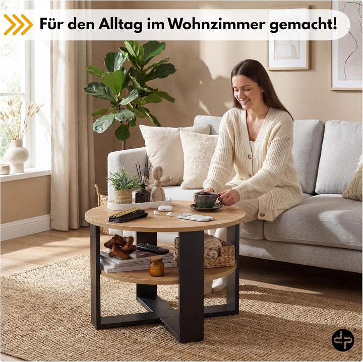 defiPad Couchtisch rund Eiche Ø70 cm - Beistelltisch mit Ablage - 2 Ebenen, runder moderner Kaffeeti