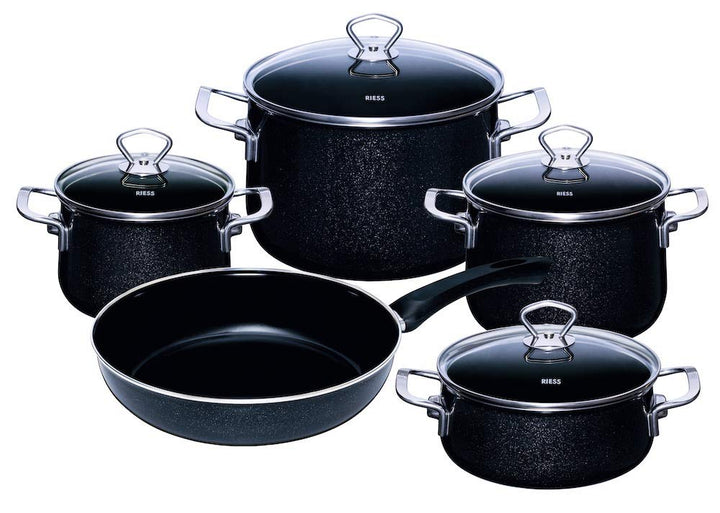 Riess 0558-009, Emailieset Black Magic, 5-teilig, bestehend aus: Fleischtopf mit GD Ø 16, 20, 24 cm,