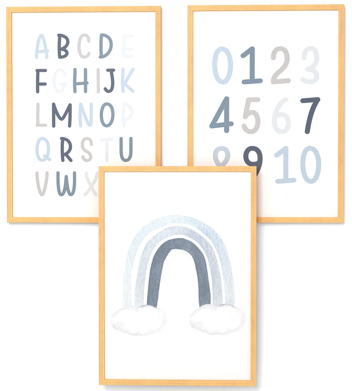 Papierschmiede® Kinderbilder 3er Set Lernposter, A3 gerahmt in Holzrahmen (Natur), Geschenk für Jung