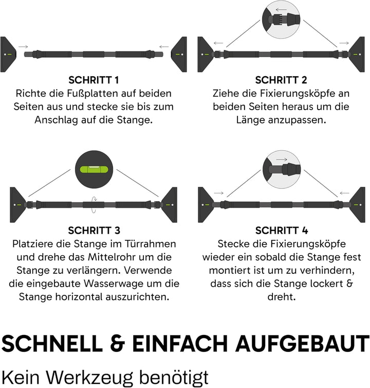 Klimmzugstange für Türrahmen – ohne Bohren – bis 300kg – mit Double-Gear-Verriegelung, Wasserwaage &