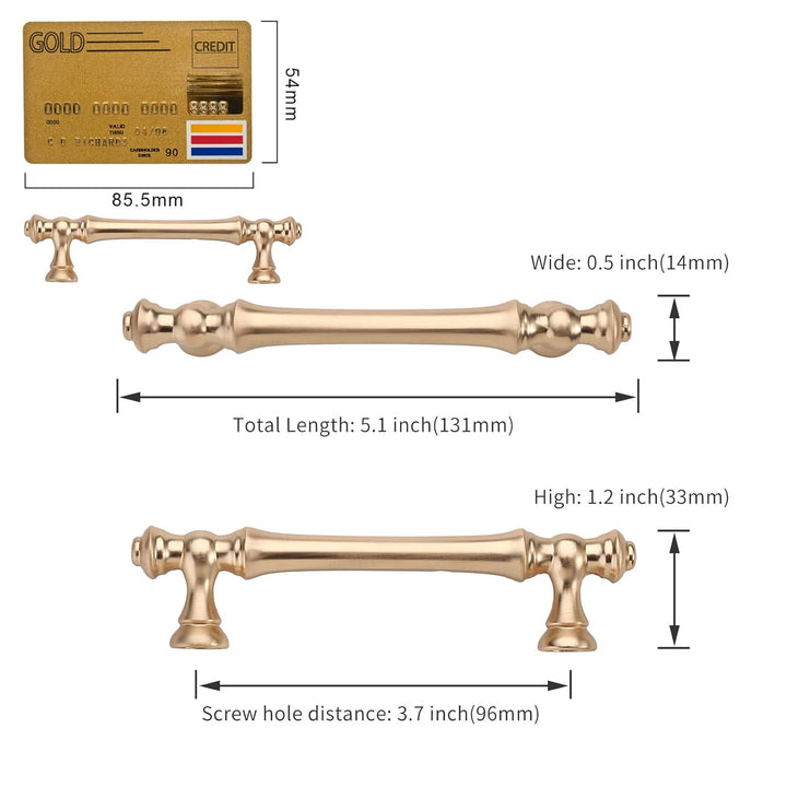 Amerdeco 6 Stück Möbelgriffe Gebürstetes Messing 96mm Lochabstand Schubladen Griffe für gold Küchens