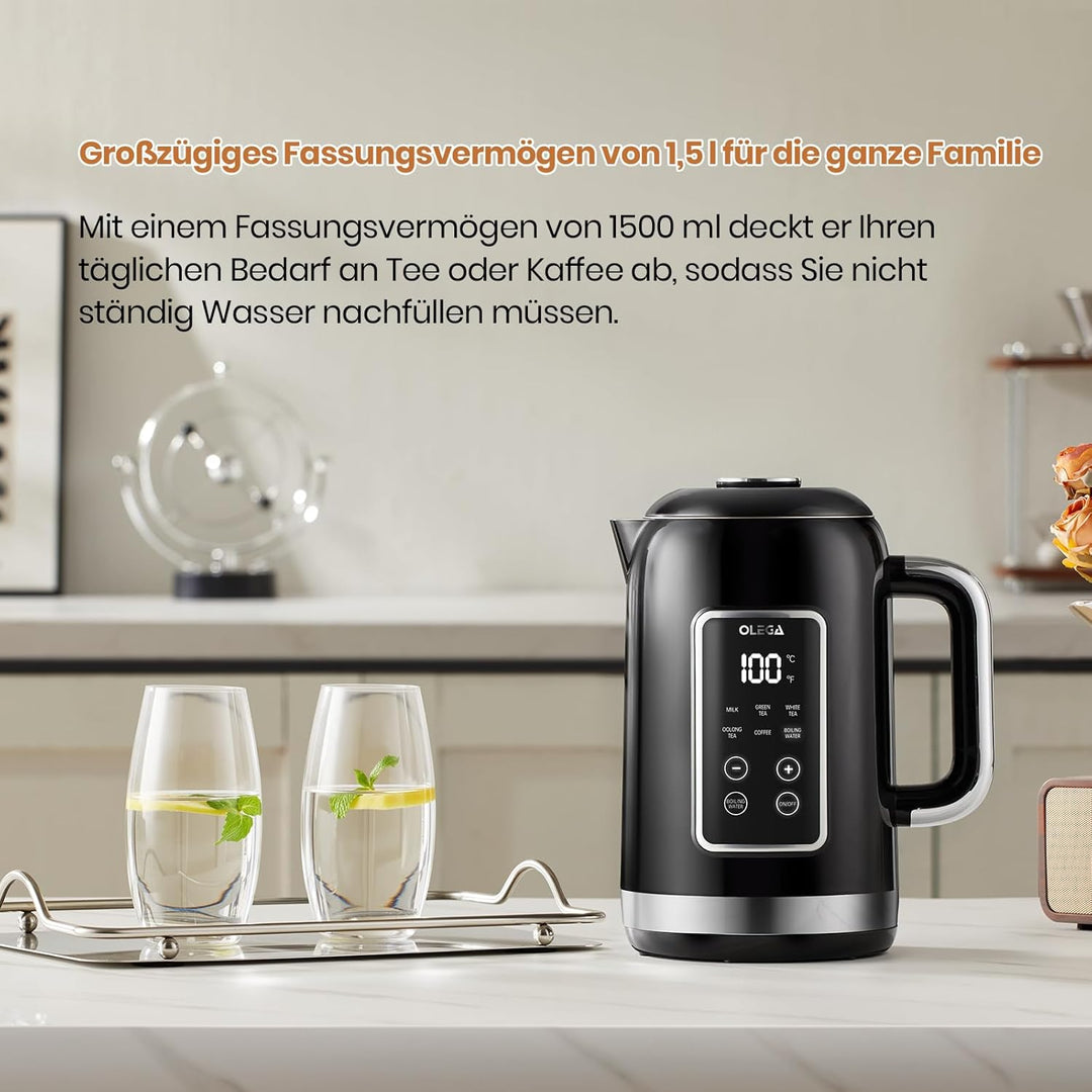 OLEGA Wasserkocher: 1800 W Wasserkocher mit Temperaturregelung, 1,5 l Fassungsvermögen, Edelstahl, S