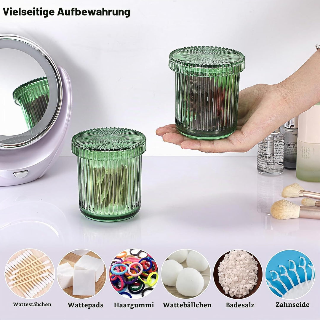 2 Stück Glas Wattestäbchen Behälter Wattepads Box mit Deckel Rund Wattepadspender Grün Aufbewahrungs
