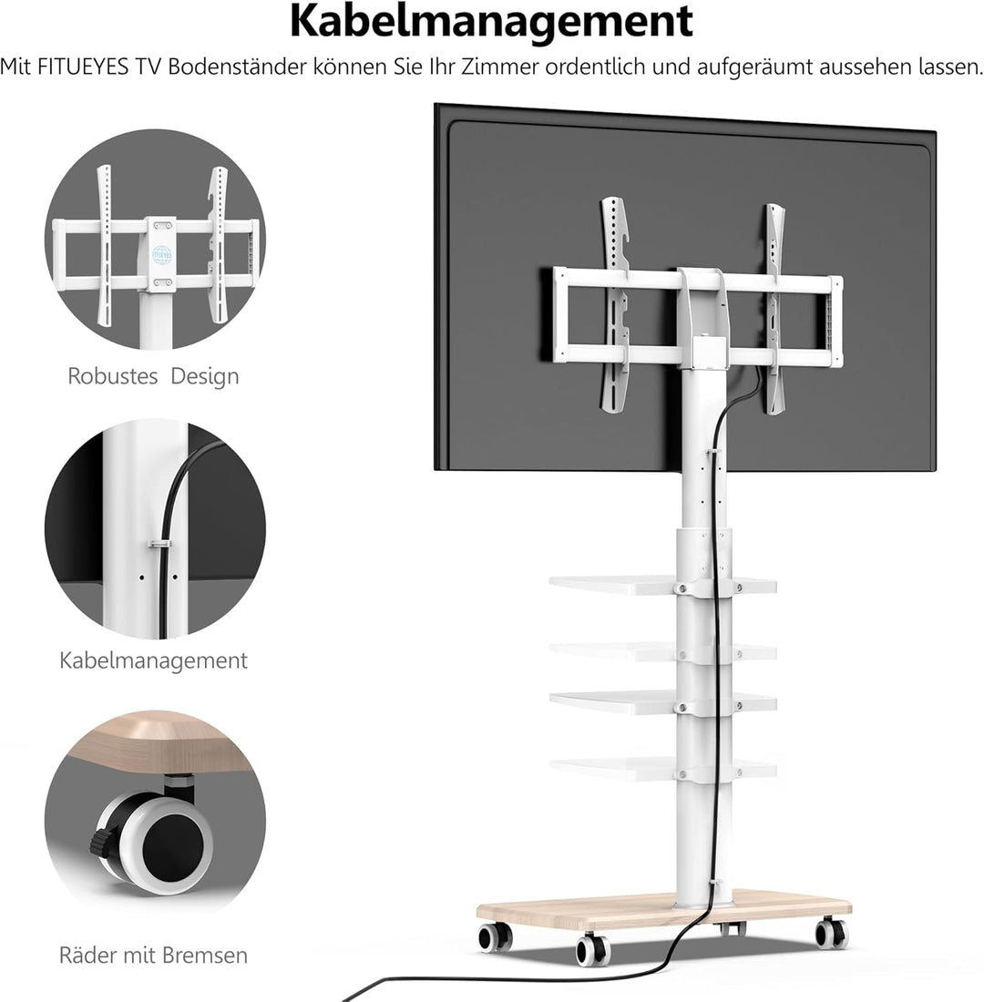 FITUEYES TV Bodenständer Rollbar mit 3 Ablagen TV Standfuss TV Ständer Fernsehstand mit Rollen höhen