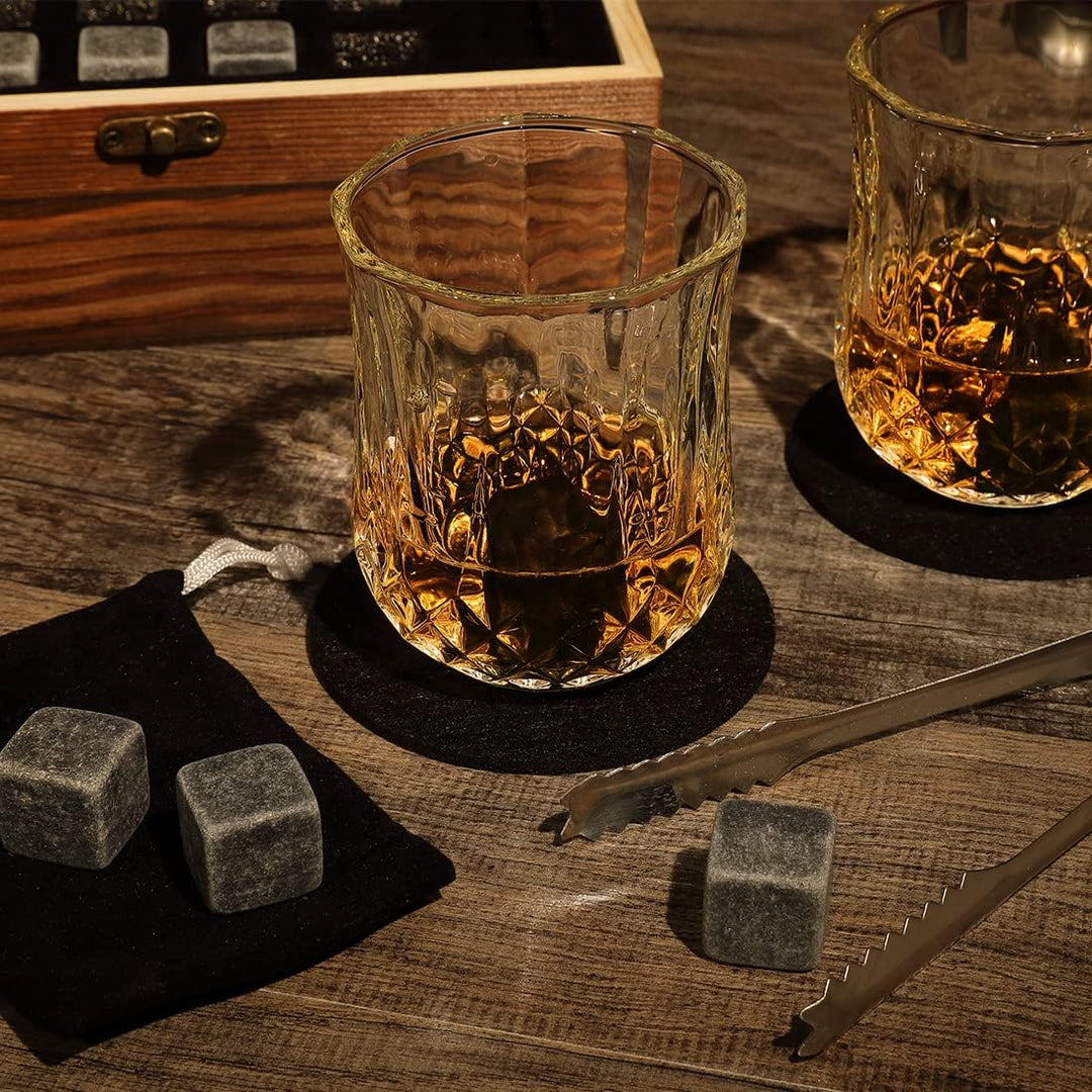 7-TLG Whisky Steine Set mit Wunschgravur - Motiv: Weltkarte - personalisierte Kiste - 2X Tumbler, 9X