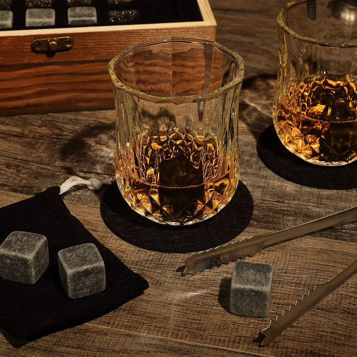 7-TLG Whisky Steine Set mit Wunschgravur - Motiv: Weltkarte - personalisierte Kiste - 2X Tumbler, 9X