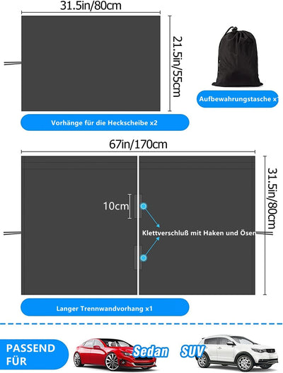 3er Set Auto Trennvorhänge Sonnenschutz, Heckscheibe Vorhang Trennvorhang Reise Privatsphäre Vorhang