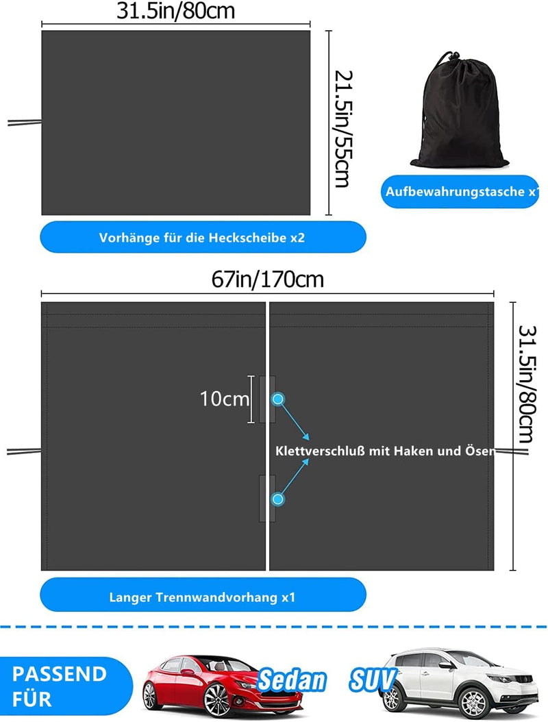 3er Set Auto Trennvorhänge Sonnenschutz, Heckscheibe Vorhang Trennvorhang Reise Privatsphäre Vorhang