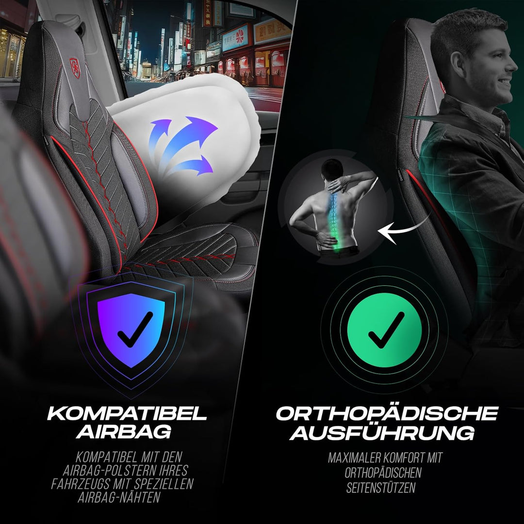 Autositzbezüge Universal für Wohnmobil & Caravan - Vordersitze Auto Sitzbezug aus Leinen, Schwarz-Ro