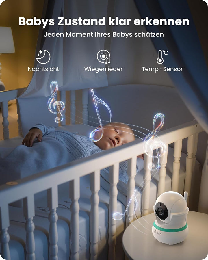 Babyphone mit 2 Kameras, 5000 mAh Akku mit 5 Zoll Bildschirm, 355° Schwenken- 4X-Zoom, Babyfone ohne