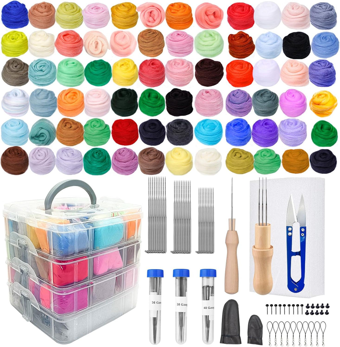 Nadelfilz Set,72 Farben Filzwolle Roving, Filzset für Anfänger mit Filznadeln,Filzmatte,Grundlegende