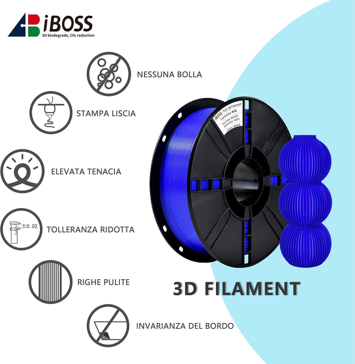 iBOSS PLA Plus3D-Druckerfilament, ozeanblau, hartes und langlebiges PLA+-Filament, 1,75 mm +/- 0,02