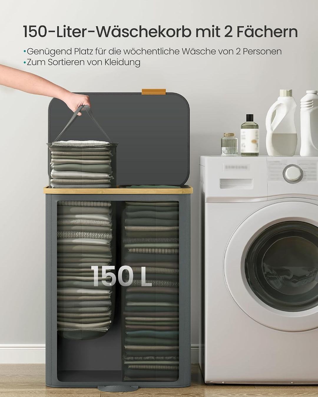 SONGMICS Wäschekorb mit Deckel, Wäschesammler, Wäschesortierer, Wäschetonne, Wäschesack herausnehmba