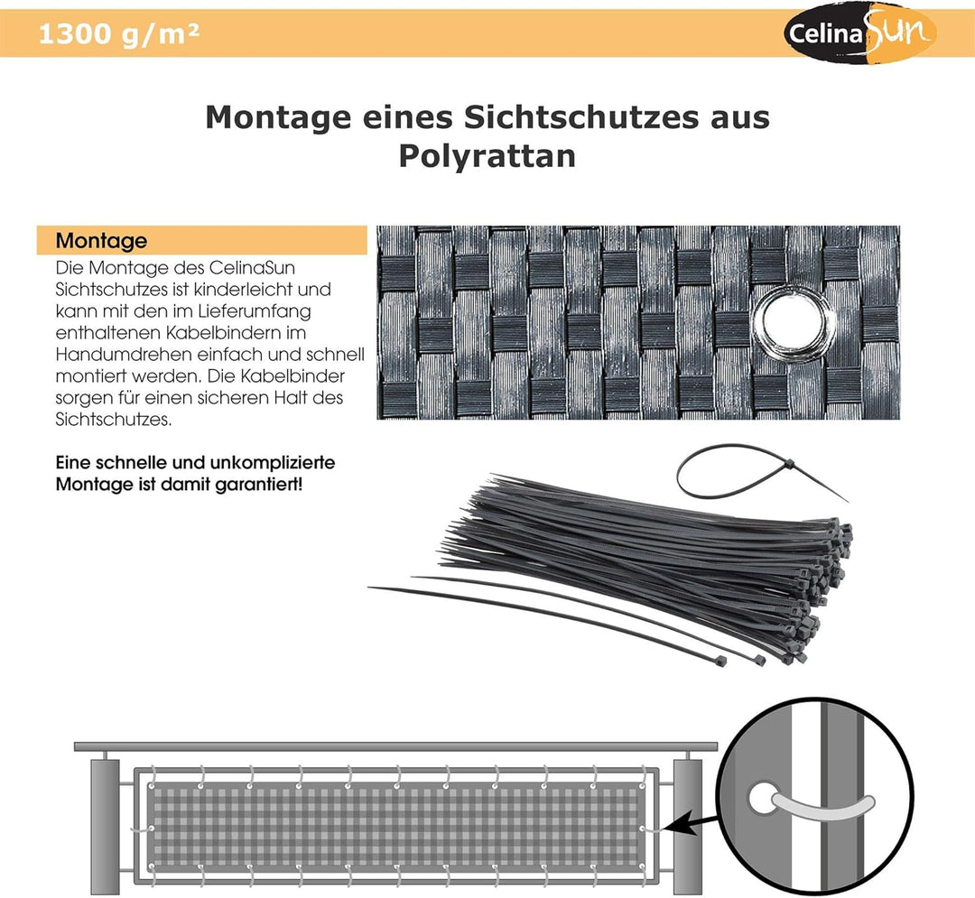 CelinaSun Sichtschutz Balkon 0,75 x 3 m schwarz Polyrattan Balkonbespannung mit Kabelbinder Balkonum