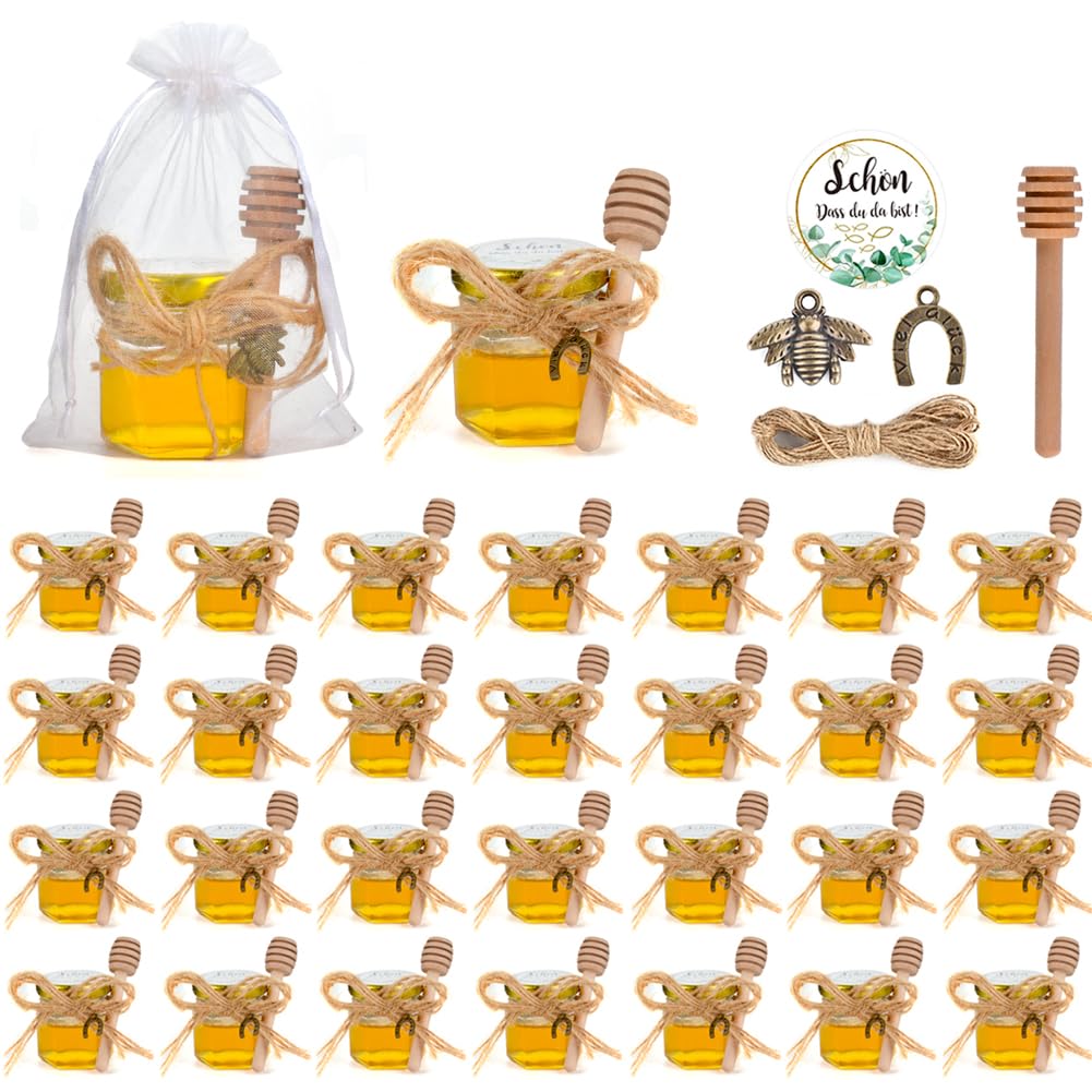 MAOOY 30 Stück Hexagon Mini Glas Honiggläser 45ml Honigglas Mit Honiglöffel Honig Kleine Gläser Gold