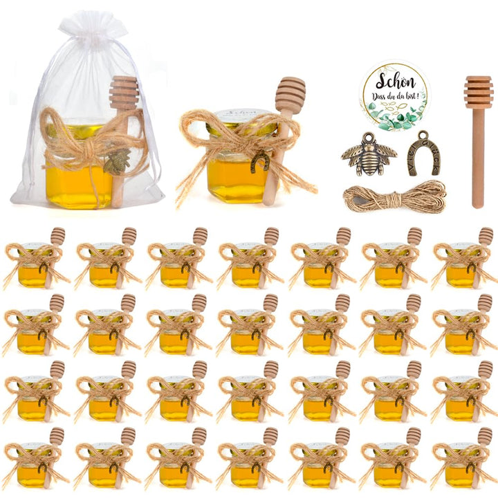 MAOOY 30 Stück Hexagon Mini Glas Honiggläser 45ml Honigglas Mit Honiglöffel Honig Kleine Gläser Gold