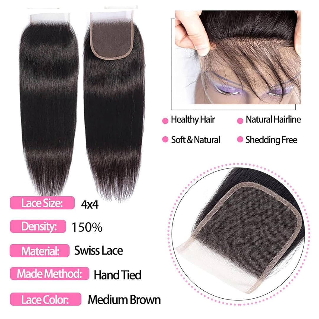 RICHAIR - Brazilian Straight Human Hair Bundles with Closure, 14 14 14 + 14 Inches, 100% Human Hair