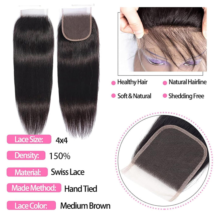 RICHAIR - Brazilian Straight Human Hair Bundles with Closure, 14 14 14 + 14 Inches, 100% Human Hair
