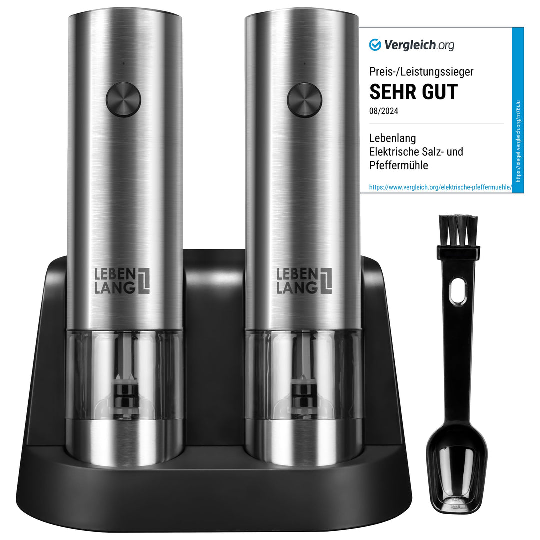 LEBENLANG Salz und Pfeffermühle Elektrisch - Wiederaufladbar & Viel Zubehör I Batterie Set I Pfeffer