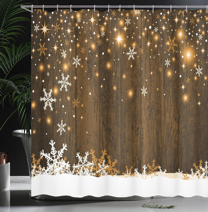 ABAKUHAUS Weihnachten Duschvorhang, Holz und Schneeflocken, Stoffliches Gewebe Badezimmerdekorations