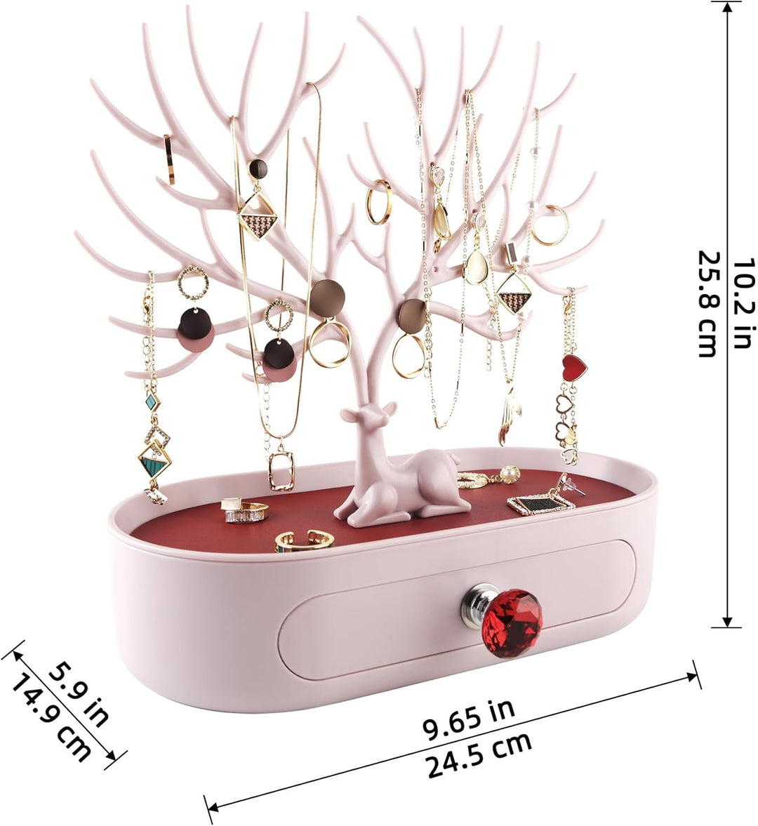 MORE&LESS Rotes Kunstleder Roter Kristall Griff Hirsch Ornament Display Rack Ring Ohrringe Halskette