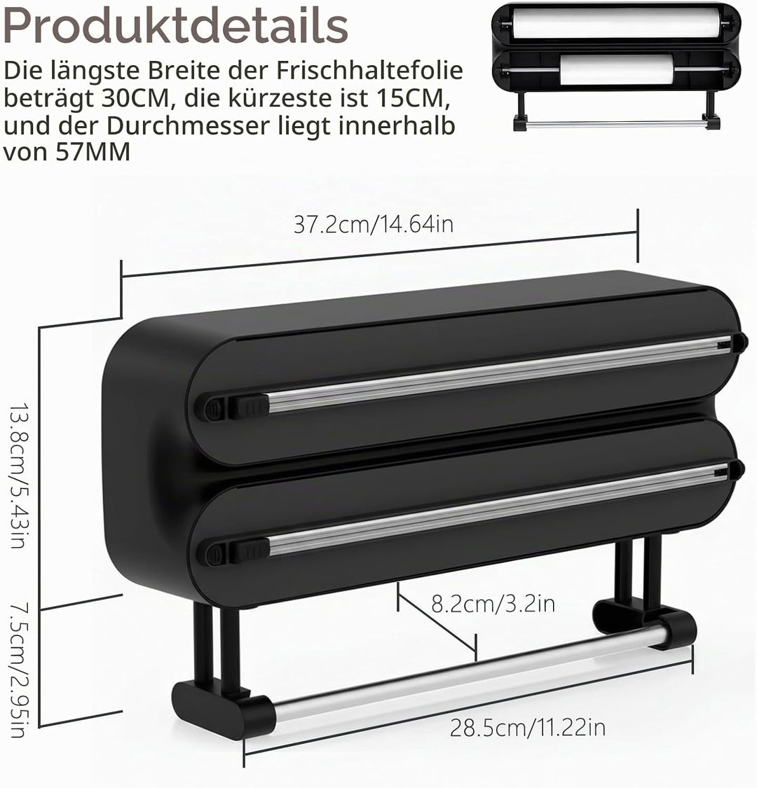 3 in 1 Frischhaltefolienspender mit Cutter, Küchenrollenhalterung mit Küchenrollenhalter, Alufoliens